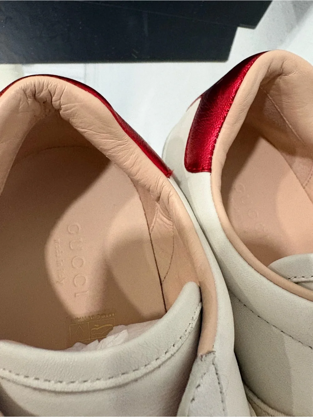 Gucci Cream Leather Sneakers with Black and Red Logo Strap